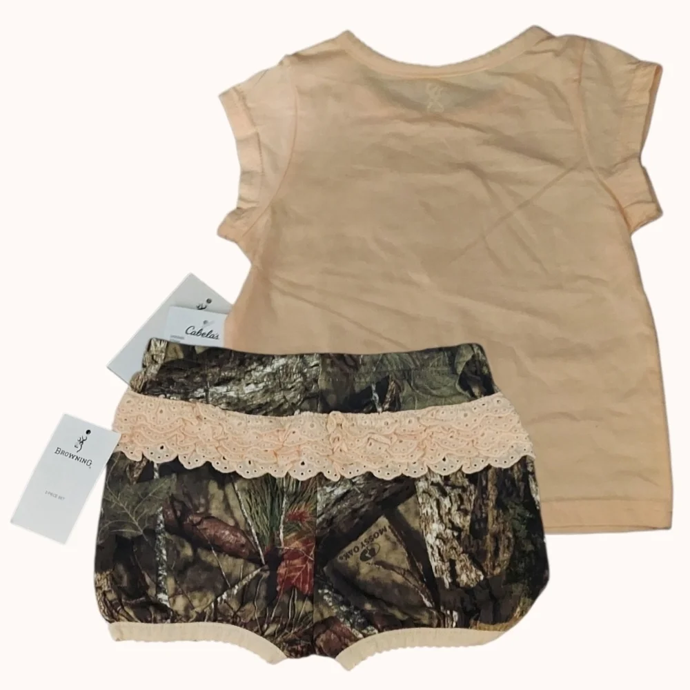 NWT Browning 2 PC Stardust Peach SS Tee with Ruffle Eyelet Camo Bottoms Size 18M